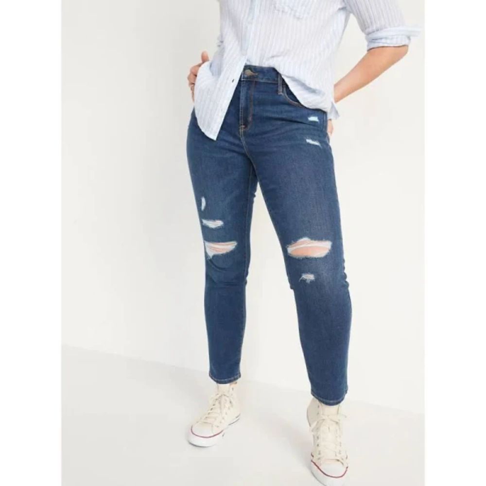 OLD NAVY Power Slim Straight Mid Rise Distressed Denim Blue Jeans Size 12 Short